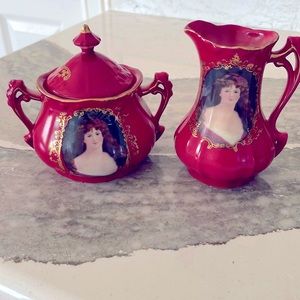 Antique china cream and sugar in red and gold